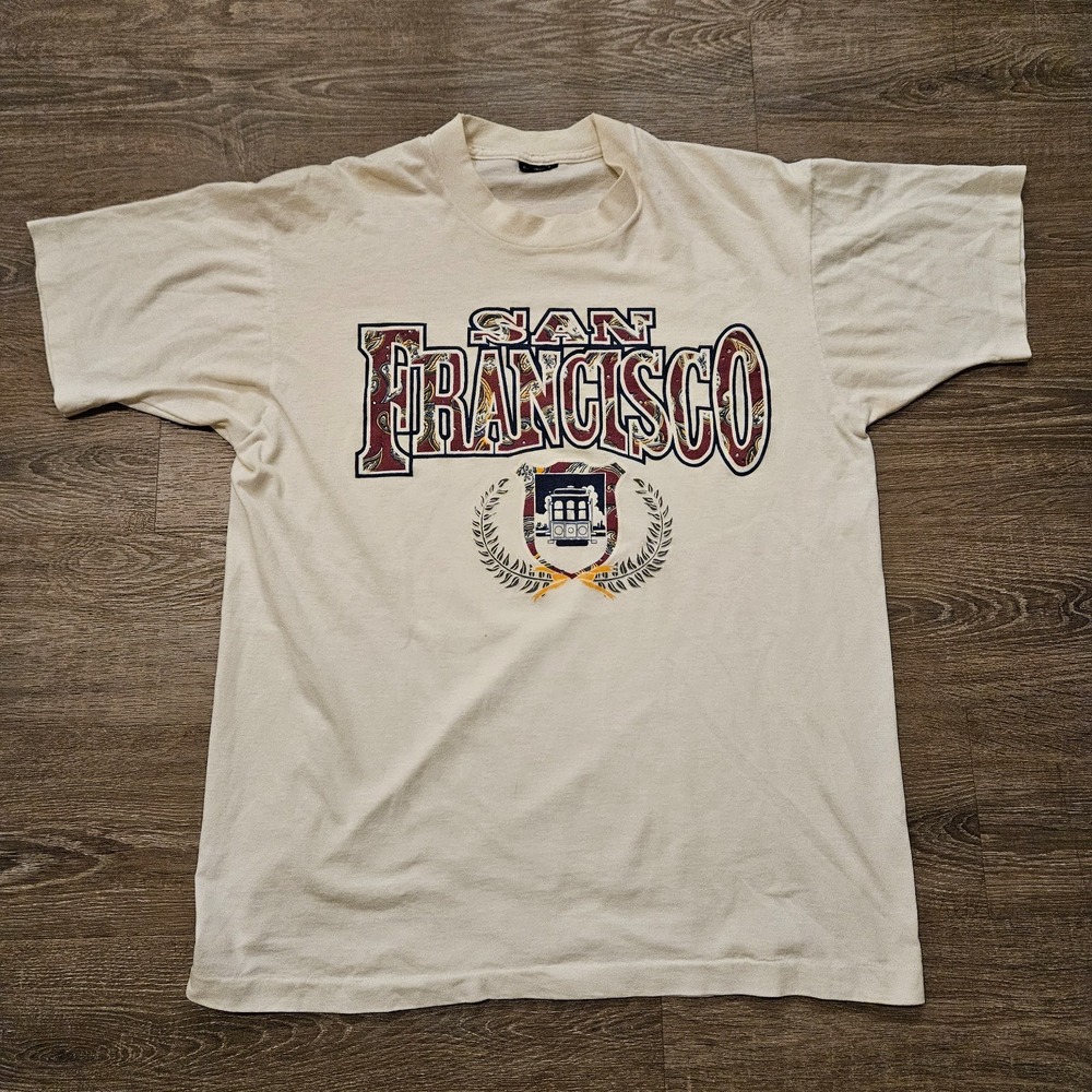 Vintage San Francisco T Shirt Mens L Cream Paisley Cable Car California Tourist